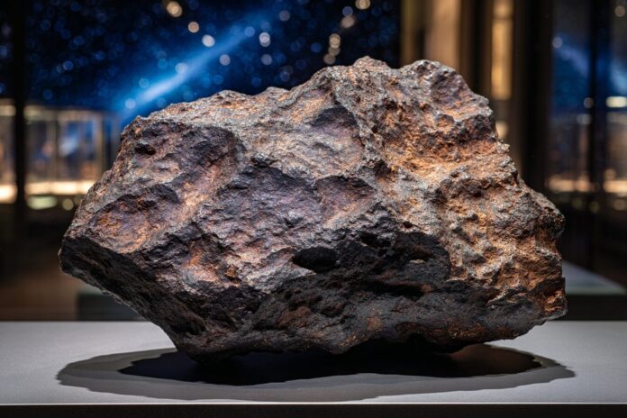 The largest Martian meteorite NWA 16788 on display at Sotheby's, New York.