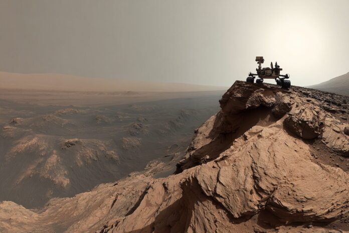 NASA's Curiosity rover perched on the edge of a Martian ridge with rugged terrain stretching into the distance.