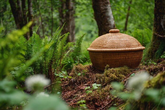A biodegradable mushroom casket in a forest setting, ready for burial.