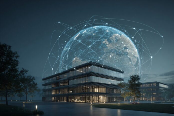 A sleek rendering of OpenAI’s headquarters, overlaid with a glowing digital globe and network connections