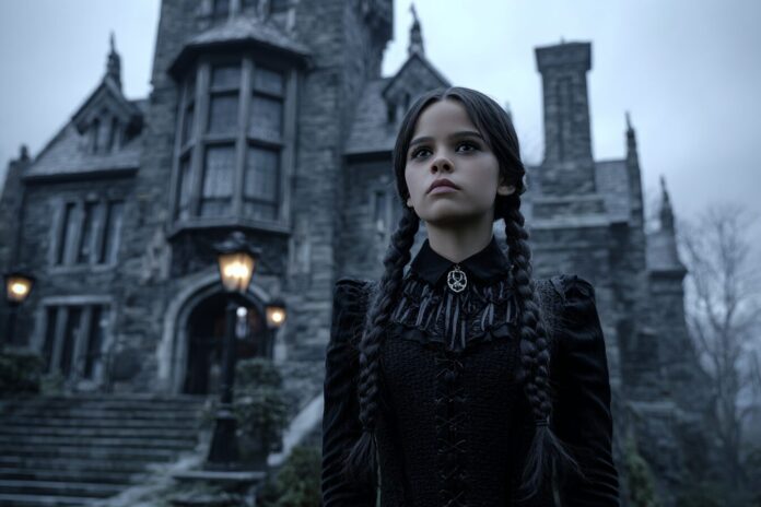 Jenna Ortega as Wednesday Addams standing in front of Nevermore Academy with a gothic atmosphere.
