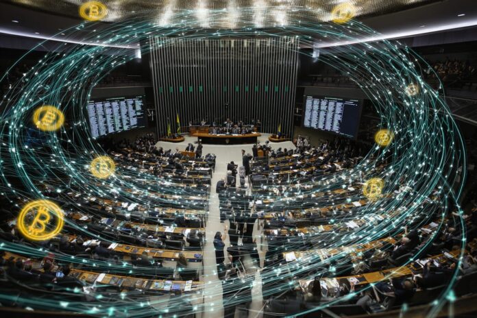 Brazilian lawmakers debating in Congress with digital asset symbols in background