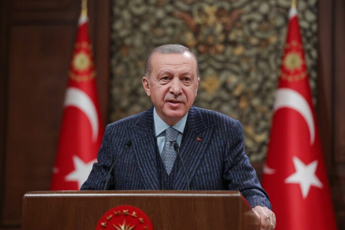 President Erdoğan giving a speech about Turkey's future at a cabinet meeting.