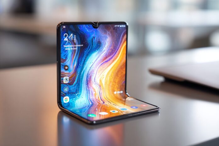 Samsung's tri-fold phone partially unfolded on a modern desk, showcasing its flexible OLED screen.
