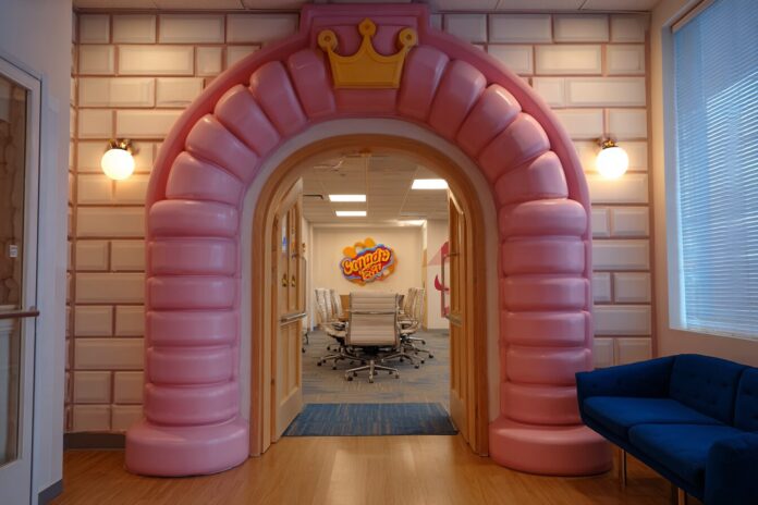 An entrance to King’s office with the Candy Crush logo, empty chairs visible inside