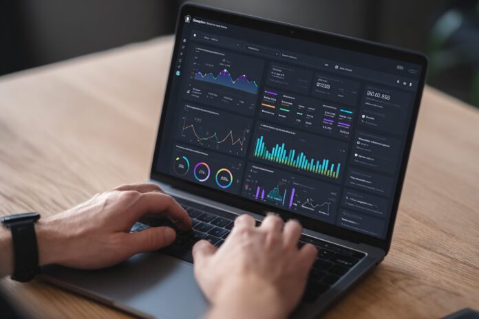 Administrator exploring GitHub Copilot Activity Report dashboard on a laptop screen.