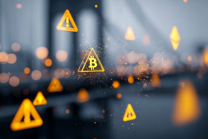 An abstract representation of digital bridge icons connecting Bitcoin and Ethereum, overlaid with caution symbols.