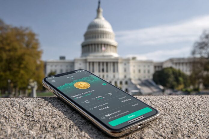 A close-up of a mobile device displaying a digital stablecoin transaction interface, set against a U.S. Capitol backdrop symbolizing regulation.