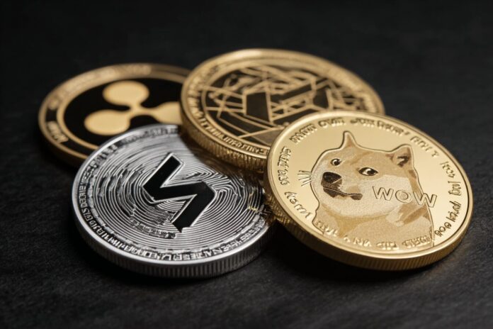 Cryptocurrency coins showing Ripple (XRP), Solana (SOL), and Dogecoin (DOGE) symbols on a black surface