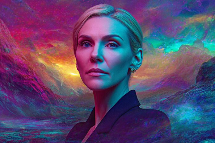 Pluribus promo artwork featuring lead actress Rhea Seehorn against a surreal sci-fi backdrop.