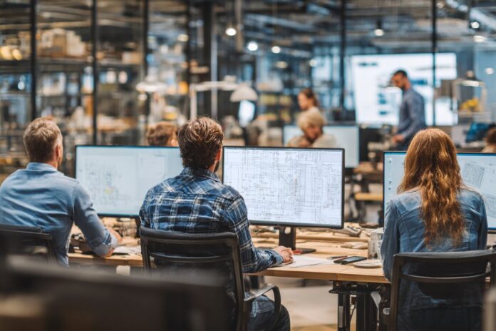 A group of engineers in a modern workspace collaborating on digital screens, representing adaptive engineering practices.