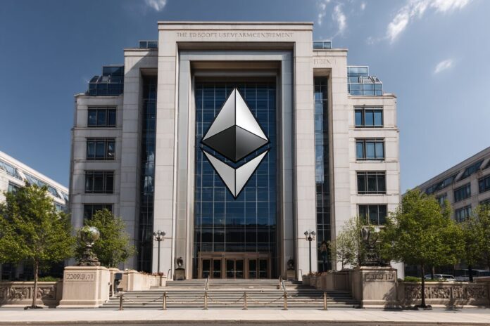 SEC headquarters with Ethereum logo superimposed, symbolizing regulatory review of ETH ETFs.