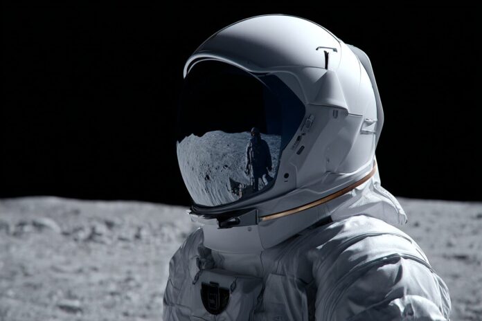 A conceptual rendering of the Oakley-designed visor on the AxEMU lunar spacesuit, reflecting the lunar surface and astronauts.