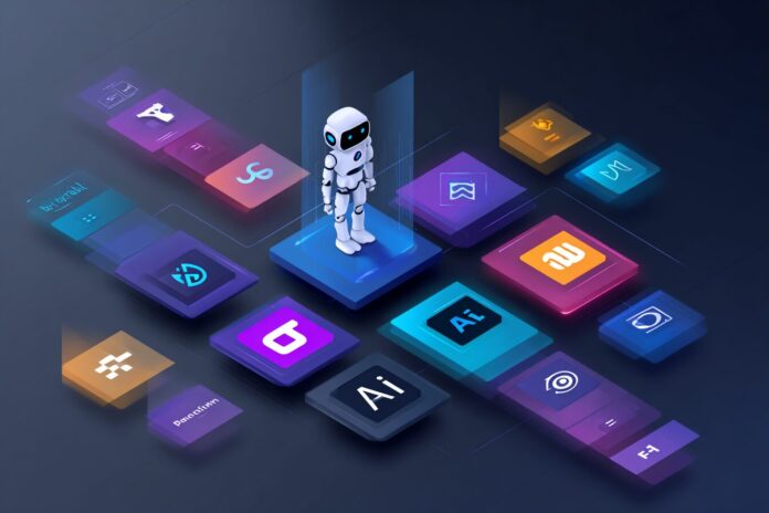 Illustration of an AI agent orchestrating automation between app logos (Canva, Asana, Figma)