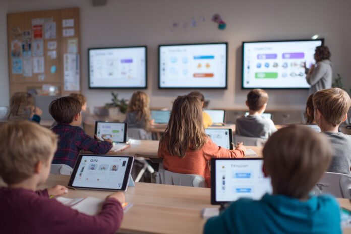 Students interacting with AI-powered learning tools in a modern classroom setting, with devices displaying ChatGPT, Claude, and Gemini interfaces.