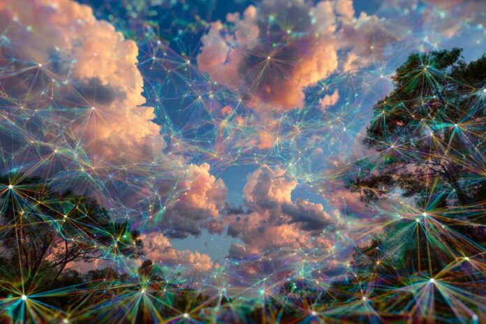 Futuristic AI neural network concept with vibrant summer sky overlaid, symbolizing the GPT-5 release.