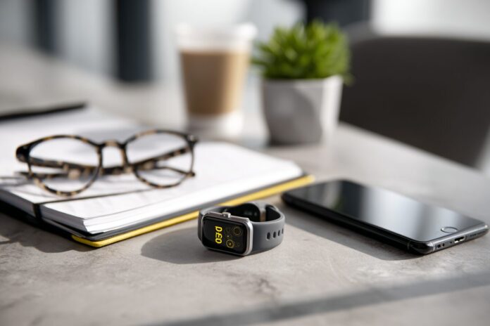 Amazon Bee wristband wearable AI device on a modern workspace