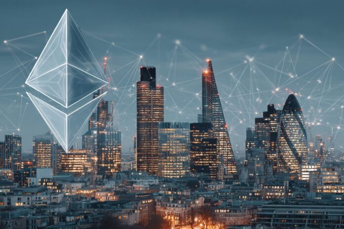 Ethereum skyline with institutional buildings and digital tokens overlay
