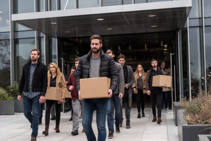 A group of tech workers walking out of the gates of a modern corporate office building, some holding boxes containing personal items.