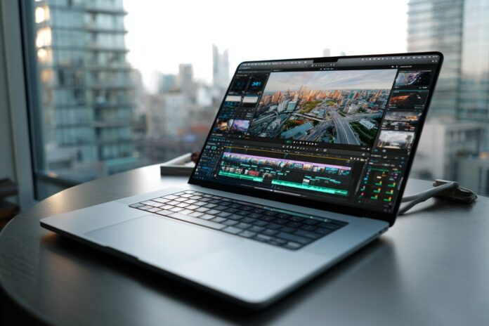 2025's best video editing laptop—Apple MacBook Pro 14-inch (M4) on a creative pro's desk, showing its vivid Mini LED display and port selection.