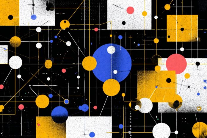 An abstract digital illustration showing interconnected AI agents exchanging data