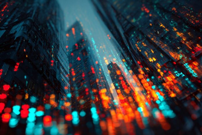 Abstract digital artwork symbolizing Hong Kong stock prices streaming on blockchain networks