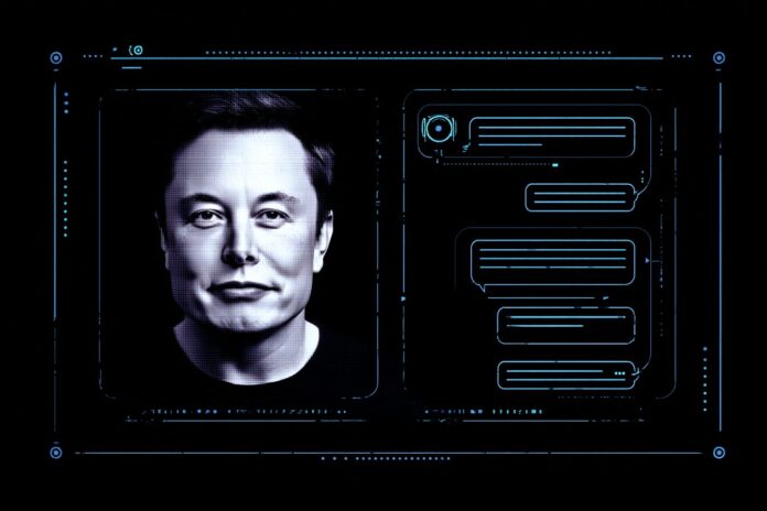A digital rendering of an AI interface with a stylized Elon Musk avatar appearing beside a chatbot window.