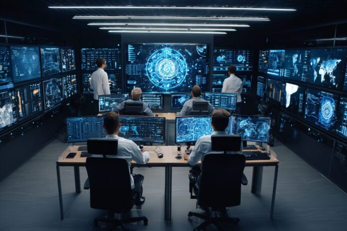 A futuristic control room in India with AI researchers working on advanced data analytics systems.
