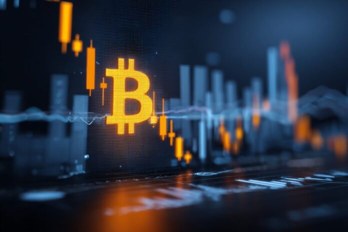 Bitcoin logo on digital display with financial charts fading in the background, highlighting market pause.