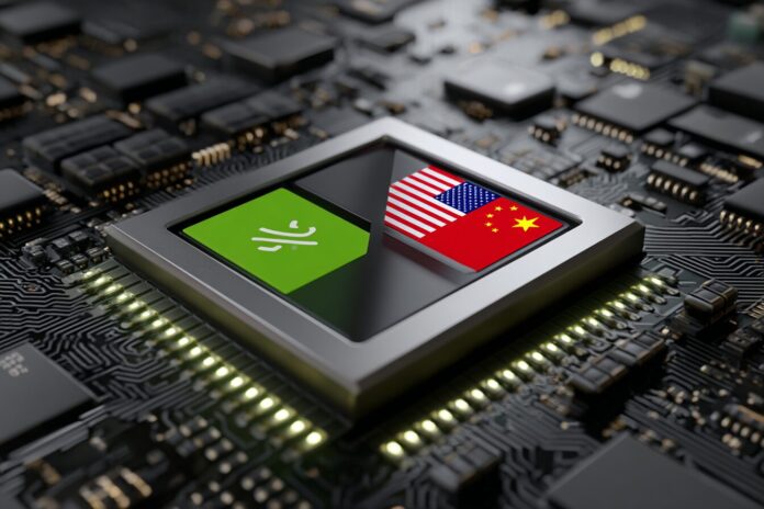 NVIDIA H20 AI chip with digital China and U.S. trade icons
