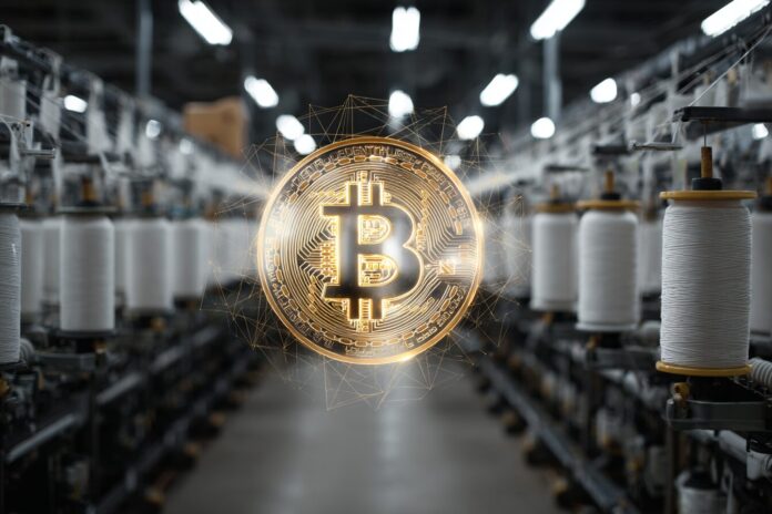 Japanese textile factory with digital Bitcoin overlay, symbolizing Kitabo’s investment in cryptocurrency.