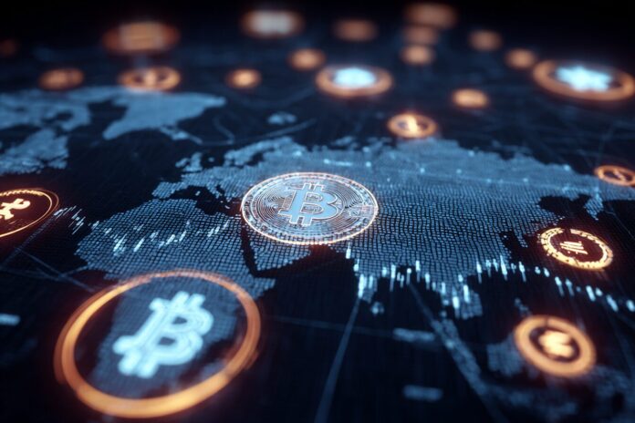 A digital rendering of a soaring global cryptocurrency market, with charts and legislative icons overlaying glowing network nodes