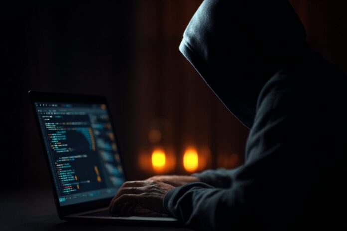 Anonymous person using a laptop showing cryptocurrency transactions in a dimly lit environment symbolizing secrecy.