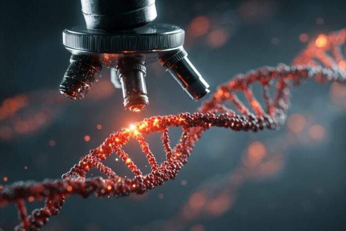 Stylized microscope and DNA helix representing recent blood group system research advances.