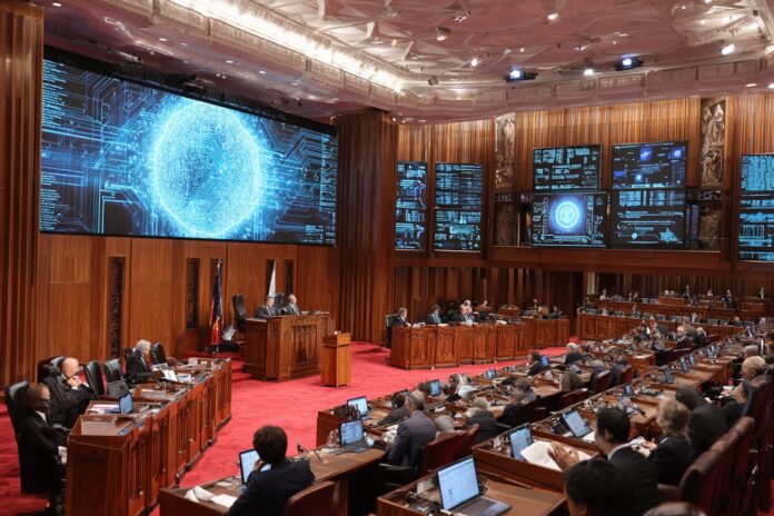 Senators debating AI regulations in a grand chamber with digital billboards showing AI icons.