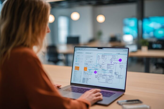 A software engineer reviewing AI agent architecture diagrams on a laptop in a modern workspace