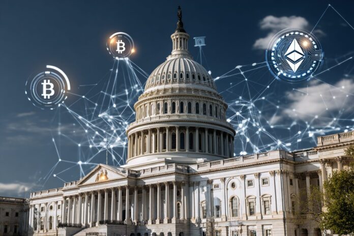 Capitol building with crypto icons overlay signifying regulation