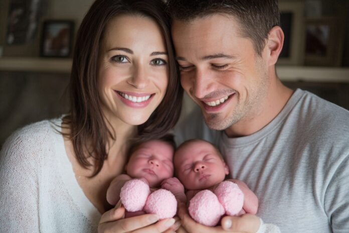 Happy parents holding their newborn twins, symbolizing the success of long-term embryo preservation