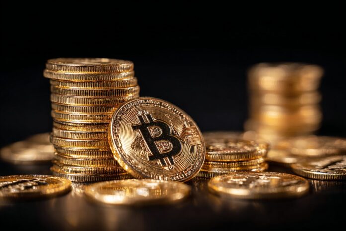 Stack of gold bitcoin coins on a dark background, symbolizing treasury reserves.