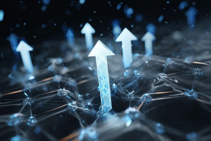 3D abstract image depicting Algorand blockchain with digital nodes and upward arrows, representing price surge and DeFi growth.
