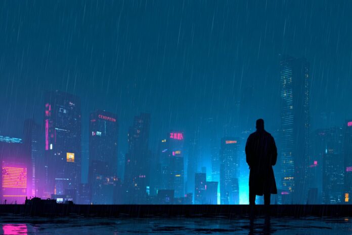 Edgerunners 2 poster showing a dark, neon-lit Night City skyline with rain pouring down