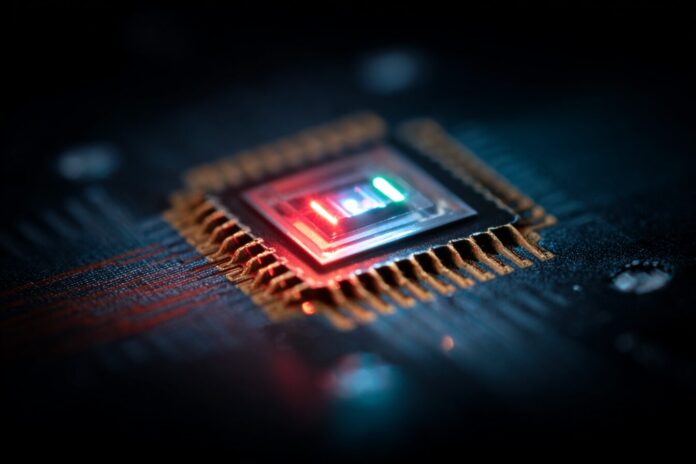 Quantum dot laser integrated on a silicon photonic chip, close-up of nano-scale structures emitting light.