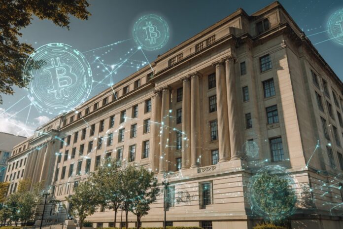 Department of Justice building facade with crypto-themed icons overlay