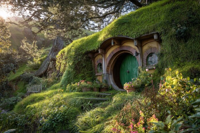 A sunlit Hobbit hole nestled among lush gardens in the Shire