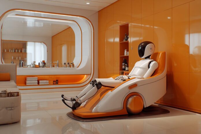 Sleek AI-powered massage robot poised beside a massage table in a modern spa setting