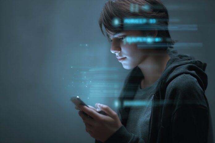 A teenager chatting on a smartphone with a digital AI companion interface visible.
