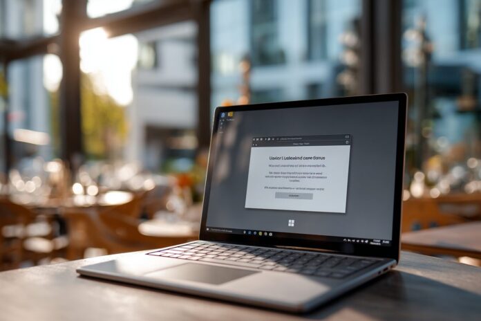 A laptop displaying Windows Update settings with an error message onscreen