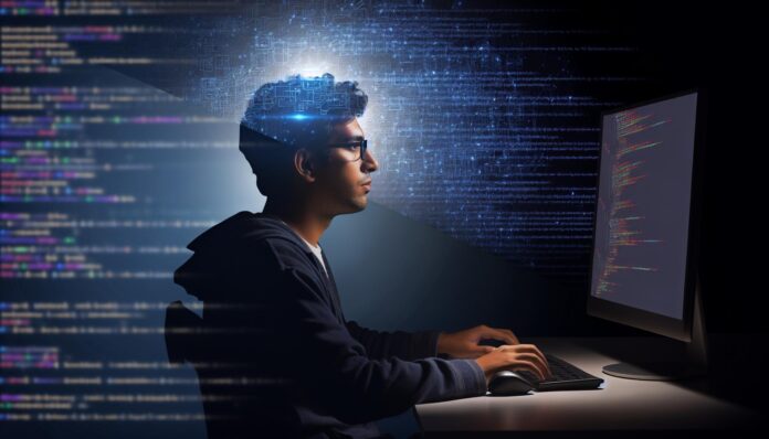 A lone tech innovator working late, illuminated by computer screens filled with code and AI models.