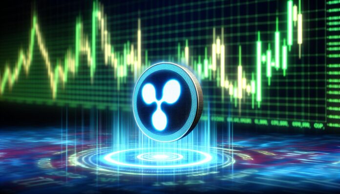 XRP token displayed against a digital stock market background, highlighting its price movement.