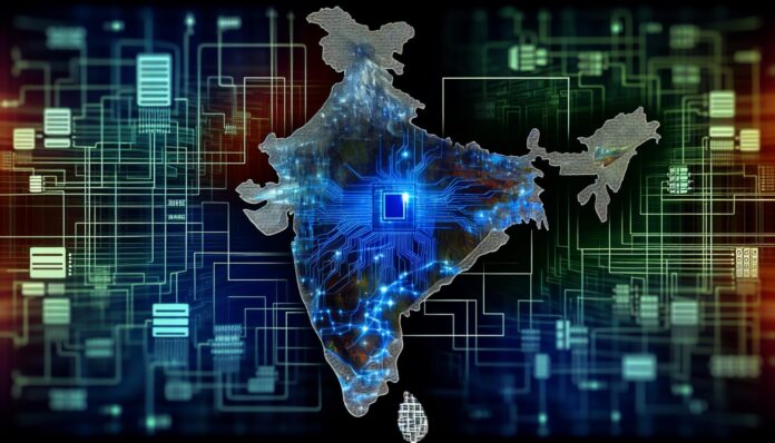 A graphical illustration of an AI supercomputer network, integrated with the map of India, symbolizing technological self-sufficiency.